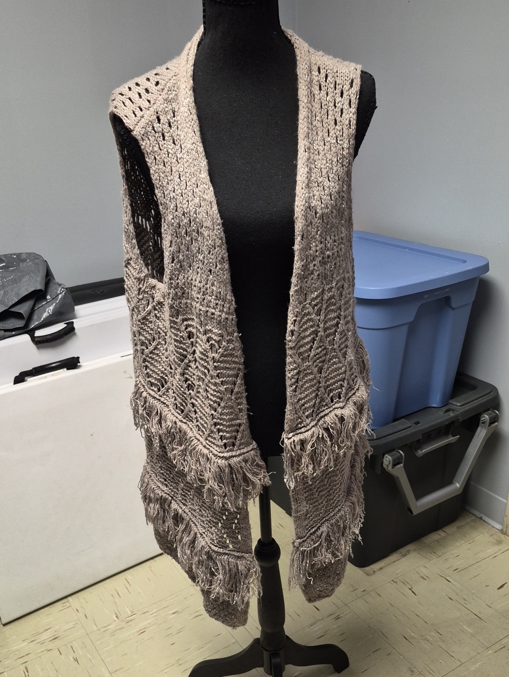 Umgee Taupe Fringed Open-Knit Vest